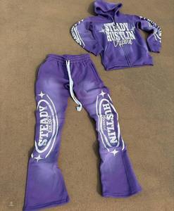 Conjunto de Sudadera con Capucha y Pantalones Deportivos de Felpa Francesa Vintage, Estilo Urbano Personalizado, Lavado Ácido, Cierre de Cremallera, Desgastado, con Pedrería para Hombre - Product Image 3