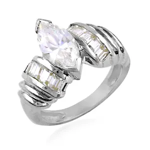Anillo Romántico de Plata con Corte Marquesa para Mujer con Incrustaciones de Circonita Baguette, Chapado en Platino y Rodio, Joyería Fina para Promesas - Product Image 2