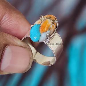 แหวนเงินสเตอร์ลิง925ทำด้วยมือพลอยเทอร์ควอยซ์ทองแดงหอยนางรมที่สวยงามสำหรับสตรีฝังขอบทรงวงรี - Product Image 3