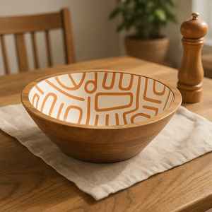 Cuenco para servir ensalada impreso de madera natural hecho a mano con patrones artísticos para restaurantes y cafeterías a un precio asequible - Product Image 1