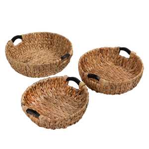 Water Hyacinth <b>Wicker</b> Round Nested Storage <b>Basket</b> 3-Piece Set <b>with</b> Wood <b>Handles</b>, Natural Color Customized Support, Round Tray - Product Image 1