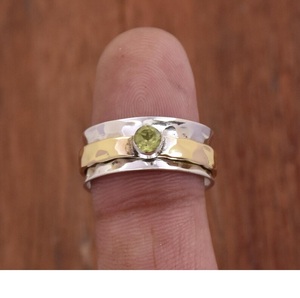Peridot Spinner <b>Ring</b> in 925 <b>Sterling</b> <b>Silver</b> with Hammered Finish Meditation <b>Band</b> Narrow Two Tone Thumb <b>Ring</b> Handmade Gift - Product Image 2