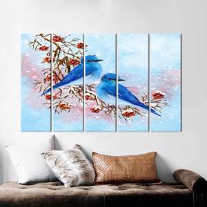 Obra de arte moderna impresa en lienzo: decoración abstracta de dos pájaros azules, 5 piezas: estirado sobre lienzo - Product Image 1
