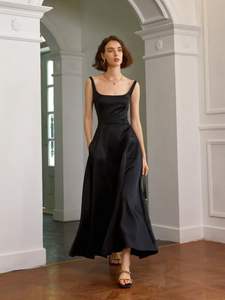 Vestido de seda acampanado de noche de verano con estilo único Escote cuadrado Cintura alta Midi Hasta el suelo Casual para ella - Product Image 2