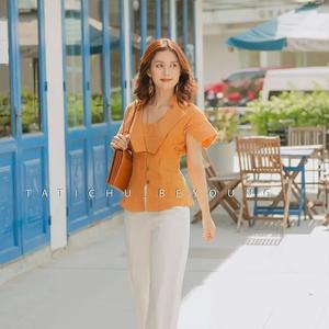 OEM Service Casual Women Tops Fashion Short Sleeve Solid Color Regular Turn-down Collar Blouses <b>T</b> <b>Shirt</b> Body Fit - Product Image 2