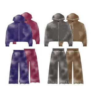 Wholesale Unisex Acid Wash Diamond Zip Breathable Fleece Hoodie Flared Sweatpants Vintage Rhinestone Printed Custom OEM Regular - Product Image 6