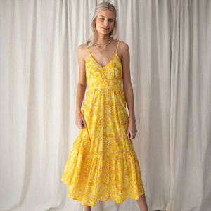 Recién llegado amarillo 100% algodón estampado Midi longitud Maxi vestido sin mangas playa vestido bohemio para mujer - Product Image 1