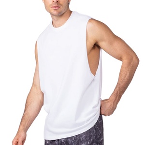 Camiseta sin mangas con corte lateral, lisa, larga, de cuello redondo, tejido de algodón de 220 g/m², de punto grueso, para verano, para culturismo - Product Image 2