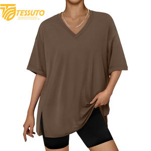 Camiseta básica de gran tamaño con logotipo estampado personalizado de peso pesado, camiseta de talla grande de alta calidad a la moda para mujer, Camiseta 100% de algodón con cuello en V - Product Image 6