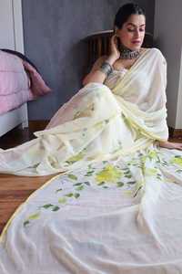 Saree peint à la main avec chemisier de course fête fonction de mariage Sadi mousseline de soie Sari inde vente en gros 2025 Diwali Festival Zari - Product Image 2