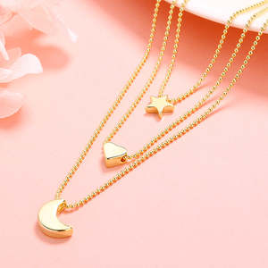 Collana a Strati con Stella, Cuore e Luna in Oro 14K e Argento Sterling, Accessorio di Moda - Product Image 3