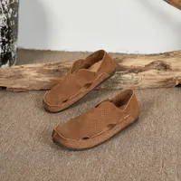 Mocassins perforés à enfiler en cuir de vachette grainé nubuck, chaussures décontractées toutes saisons