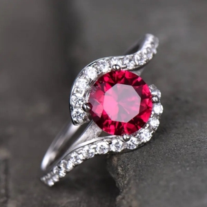 14K Solid <b>Gold</b> <b>Vintage</b> Art Deco Style <b>Ring</b> 7 mm Round Cut Lab-Grown Ruby Curved Halo Engagement Wedding <b>Ring</b> for Gifts Parties - Product Image 2