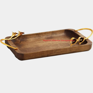 Plateau en bois unique fait à la main poignée en métal motif solide vaisselle plateau de service pour hôtel maison restauration - Product Image 5