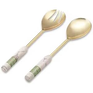 Ensemble de serveurs à salade en acier inoxydable avec poignée en marbre de luxe, cuillère, fourchette et couteau plaqués or, écologiques et compatibles lave-vaisselle - Product Image 1