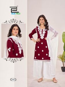 Kurtis Tradicional de Rayón Bordado con Estampado de Lámina de 14 kg para Mujer, Maruti Fashion MF1113, con Palazzo, Nazneen y Dupatta, Estilo Indio-Pakistaní - Product Image 2