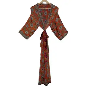 Vintage Recycled Sari Kimono Ethnic Nightwear Maxi Dressing Gown Handmade Long Silk Robe Vintage Silk Luxury Kimono Bathing Gown