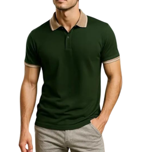 Polo pour homme vert foncé avec col et manches contrastés, en coton doux, manches courtes, décontracté, élégant, haut tendance, confortable - Product Image 2