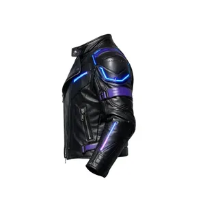 Veste de motard en cuir noir style cyberpunk néon avec accents LED, vente en gros - Product Image 3