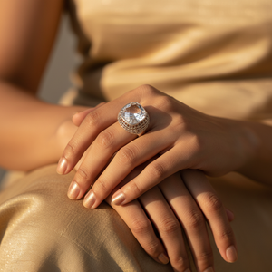 แหวนเงินแท้ 925 สไตล์โบฮีเมียนประดับควอตซ์สำหรับผู้หญิง งานแฮนด์เมด เครื่องประดับโดดเด่นด้วยหินธรรมชาติทรงลูกแพร์ ชุบโรเดียม ดีไซน์ทันสมัย - Product Image 2