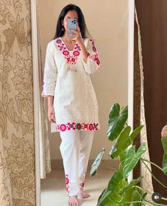 <b>Modest</b> Embroidery Casual Office Wear Women's Plus Size Full Sleeves Suit <b>Pants</b> Indian Coord <b>Pant</b> Cotton Wholesale Cord Set - Product Image 1