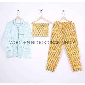 Indian 100% Pure Cotton <b>Pyjamas</b> for Women Elegant <b>Floral</b> Block <b>Print</b> PJ Set with Soft Cotton Trunks and Shirts - Product Image 1