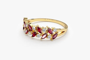 Anillo de Oro Puro de 14K con Rubí Natural Talla Marquesa y Diamantes Talla Redonda, Dos Hileras, para Regalo de Aniversario, Piedra de Nacimiento de Julio - Product Image 5