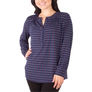 Haut Henley bleu pour femme de la collection NY, taille petite, en popeline imprimée avec un élément de mode simple - Product Image 1