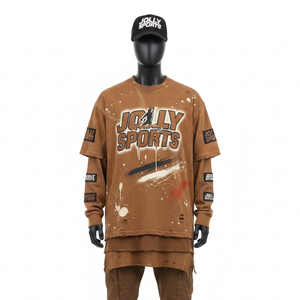 เสื้อยืดผู้ชายผ้าฝ้าย 100% ทรงหลวม พิมพ์ลาย เสื้อยืดแขนยาวสองชั้น สไตล์ใหม่ เสื้อยืดแขนสองชั้นแบบสั่งทำ - Product Image 1