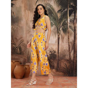 Conjunto de Dos Piezas para Mujer, Top Amarillo Estampado de Satén y Pantalones Palazzo, Talla XS, Manga Tres Cuartos, para Primavera/Verano - Product Image 4
