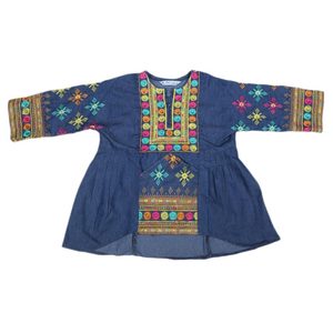 กุรตีผ้าเดนิมปักลายสำหรับเด็กผู้หญิง - สีฟ้า - Product Image 3