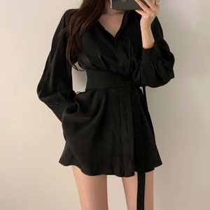 Wholesale Women Long Shirts With Belt Solid Color Puff Long Sleeve French Lapel V-neck Loose Button Lady <b>Tops</b> Casual Shirt - Product Image 2