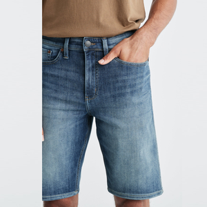 Custom Vintage Washed Blue Denim <b>Shorts</b> for <b>Men</b> Embroidered <b>Leather</b> Patch Mid-Waist From Bangladesh - Product Image 1