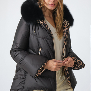 เสื้อแจ็คเก็ตพัฟเฟอร์ลายเสือดาวสำหรับผู้หญิง แบบกลับด้านได้ สีดำ มีฮู้ด เสื้อโค้ทกันหนาว แต่งขนเทียม เสื้อคลุมกันหนาวแบบเย็บติดกัน แฟชั่นเสื้อพาร์กา - Product Image 4