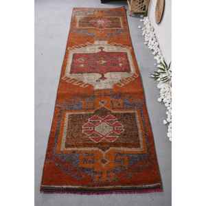 พรมตุรกีสีส้มและสีน้ำตาลวินเทจ32x99ฟุตผ้าขนสัตว์เย็บปะติดปะต่อกันด้วยผ้าวิสโคสสี่เหลี่ยมผืนผ้าออกแบบสำหรับห้องนั่งเล่นหรือห้องนอนสำหรับวัยรุ่น - Product Image 1