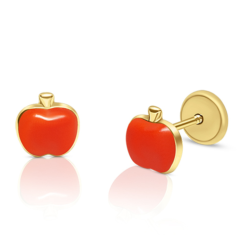Children's Gold Earrings with Enamel Apple Design Kid's Jewelry