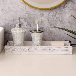 Bandejas para servir de madera rústica rectangulares con asa, bandeja otomana para sala de estar de 16 pulgadas de largo para servir vino (blanqueado) - Product Image 2