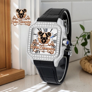Crystal Bezel <b>Watch</b> with <b>Black</b> Leather Strap, Roman Numeral Dial and Gold Tone Buckle - Product Image 4