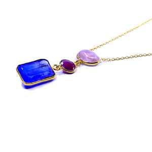 Plata brillante de Ley 925 chapado en oro morganita rubí cianita piedras preciosas señoras usan collar de cadena larga - Product Image 1