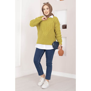 Cardigan en maille torsadée vert olive, décontracté, hiver, fermeture éclair, pull respirant et fin, avec bande logo sur le devant - Product Image 3
