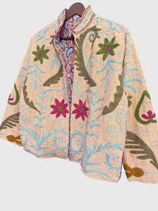 Hand Embroidered Floral Mandarin Collar Jacket Full Sleeve Lantern Sleeve Cotton Plus Size Women'<b>s</b> Spring Wear - Product Image 3