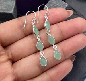 Boucles d'oreilles pendantes en argent sterling 925 plaqué or avec calcédoine aqua, faites à la main, bijoux en pierre bleue pour femme, cadeau, vente en gros - Product Image 1