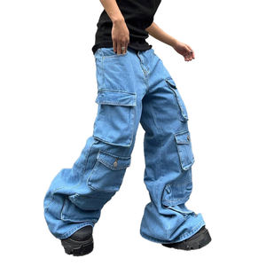 Jeans en denim délavé ample pour homme de haute qualité, streetwear, mode, poches cargo personnalisées, boutons, rivets, coupe ample - Product Image 2