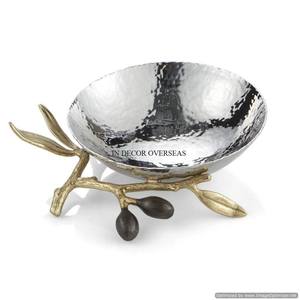 Black Color Buds And Gold Plated Leaves Designer <b>Silver</b> Color Shiny Polished Hammered Texture Heavy Duty Metal Serving <b>Bowl</b> - Product Image 1