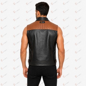 Tiierwear <b>Men's</b> <b>Black</b> Leather Look Moto <b>Vest</b> With Brown Accents Zipper Front Pockets Chains Turn-down Collar Autumn Winter Outer - Product Image 3