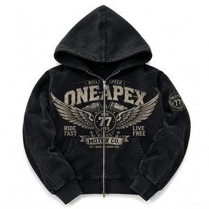 <b>Black</b> Vintage Washed Zip Up Hoodie Oversized Streetwear Motorcycle Graphic <b>Fleece</b> Sweatshirt Casual Unisex Fashion <b>Jacket</b> - Product Image 1
