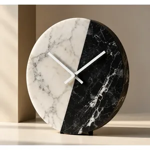 Horloge murale en marbre blanc et noir Art déco, montre décorative de luxe à quartz pour salon - Product Image 1