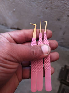 Pink Curvedd Pointed Stainless Steel Lash <b>Tweezers</b> with Fiber Tip for Eyelash Extensions - Product Image 5