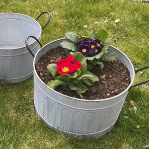 Rayan International Lot de 3 bassins et seaux rustiques ronds et galvanisés Jardinières Modèle DV-323 pour Villa Fleurs et Plantes - Product Image 1