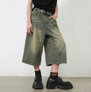 Pantalones cortos holgados de lavado vintage Pantalones vaqueros de media longitud de corte holgado de talla grande pantalones vaqueros personalizados para hombres - Product Image 5